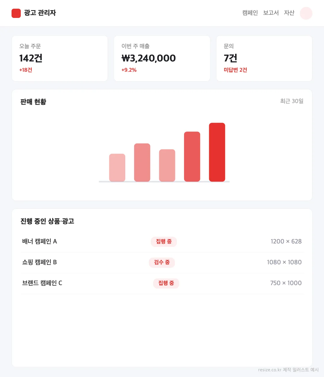셀러센터 대시보드 UI 예시 일러스트 — 쿠팡 마켓플레이스 셀러센터
